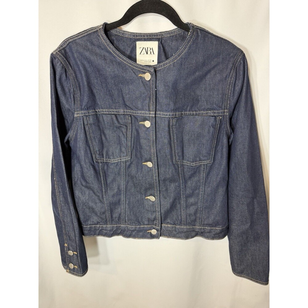 ZARA Blue Button Collared Pockets Women's Basic Short Jacket Regular Fit Size XL